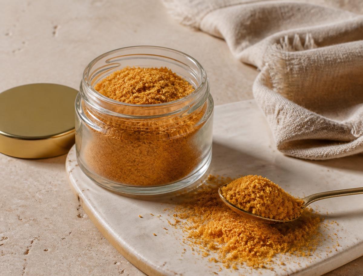 Grated bottarga in a glass jar on a marble board with a gold spoon of golden shavings beside it