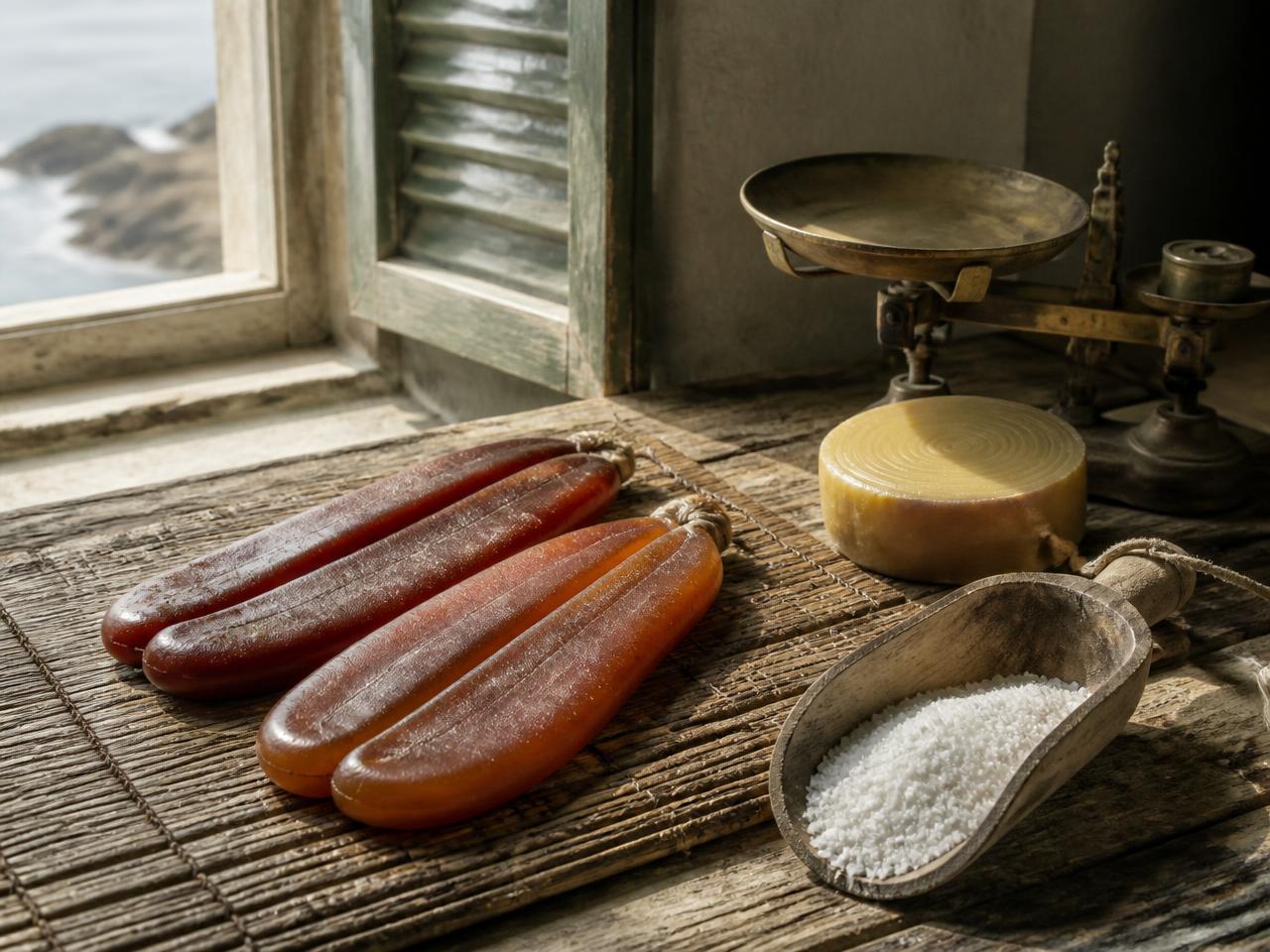 Cured mullet roe lobes drying on a reed mat beside coarse sea salt, a disc of beeswax and a brass balance by a coastal window